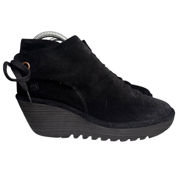 Fly London Yama Suede Wedge Boots Black Leather Ankle Tie Fairy Grunge EU 38 - Picture 9 of 16